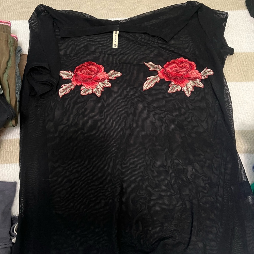 Black Sheer Top with Red Rose Embroidery